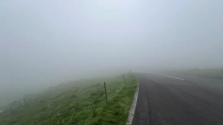 濃霧に包まれた四国カルストの道路と草原