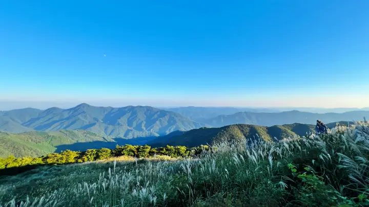 天狗高原の石碑と秋の高原風景